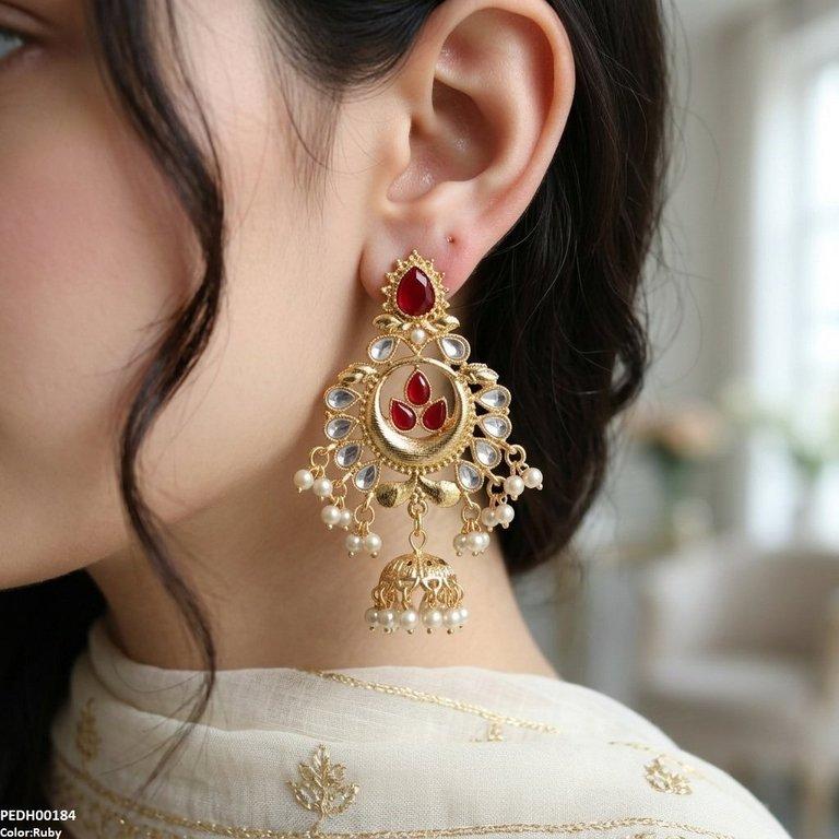 PEDH00184 SDQ Moon Pearl Jhumki Drop Earrings - PEDH