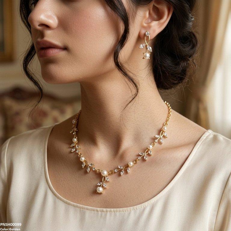 PNSH00099 SDQ Pearl Blossom Vine Necklace Set - PNSH