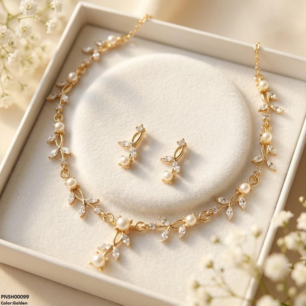 PNSH00099 SDQ Pearl Blossom Vine Necklace Set - PNSH