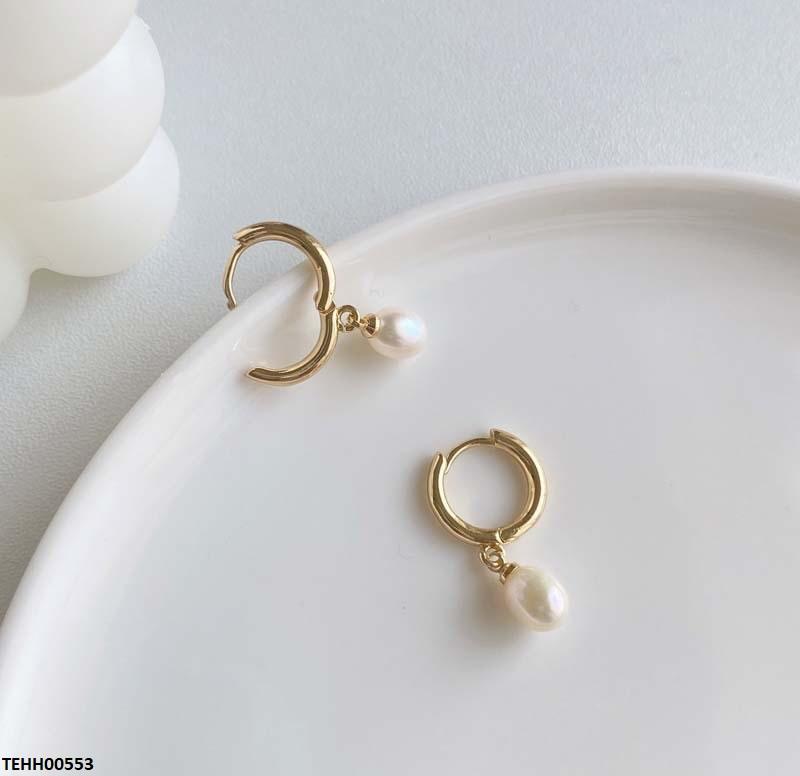 TEHH00553 QWN Stainless Steel Pearl Drop Hoops Pair - TEHH