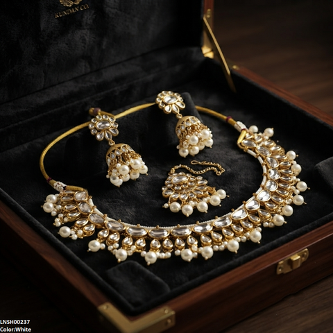 LNSH00237 ANI Oval/Tear Pearl Drop Rajwari Necklace Set - LNSH