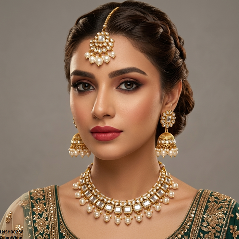 LNSH00231 ANI Marquise/Square Stone Pearl Drop Rajwari Necklace Set - LNSH