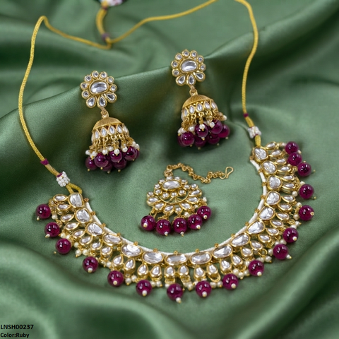 LNSH00237 ANI Oval/Tear Pearl Drop Rajwari Necklace Set - LNSH