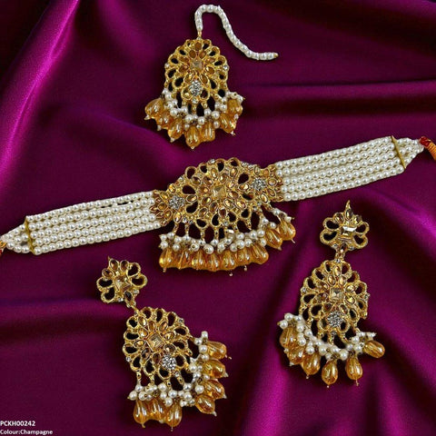 PCKH00242 MZM Square Flower Pearl Drop Choker Set - PCKH