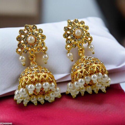 PEJH00040 MZM Round Flower Pearl Drop Jhumki - PEJH