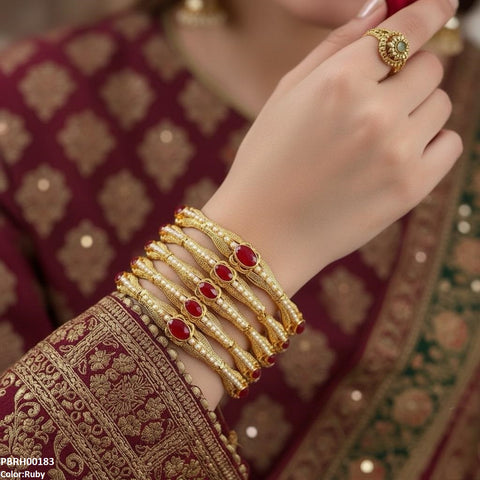 PBRH00183 MZM Oval/Pearl Bangles 6 Pcs Set - PBRH