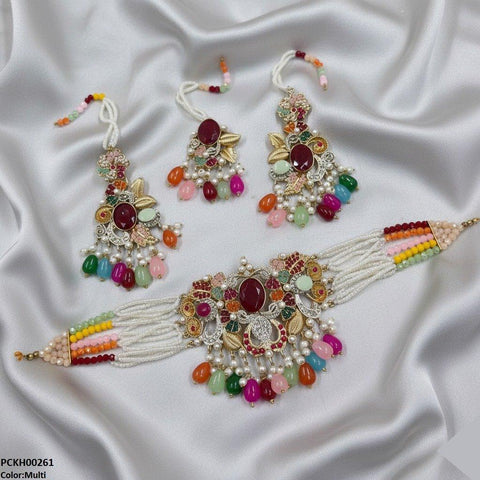 PCKH00261 SDQ Oval/Flower Pearl Drop Choker Set - PCKH