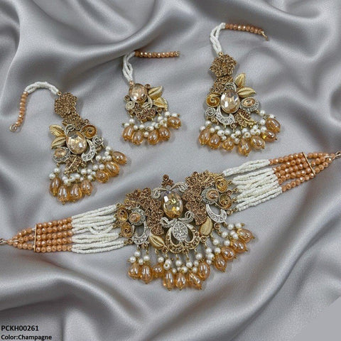 PCKH00261 SDQ Oval/Flower Pearl Drop Choker Set - PCKH