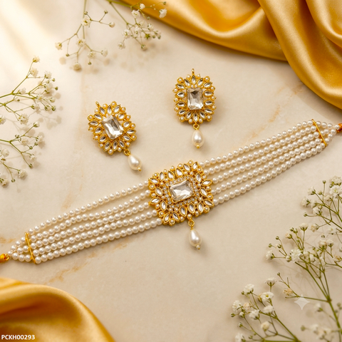 PCKH00293 MZM Square Stone Pearl Drop Choker Set - PCKH