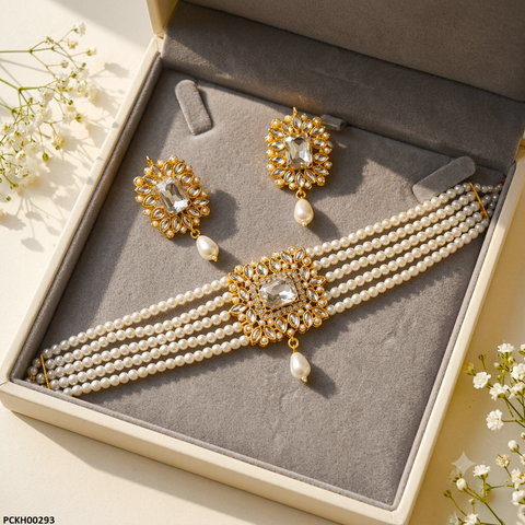 PCKH00293 MZM Square Stone Pearl Drop Choker Set - PCKH