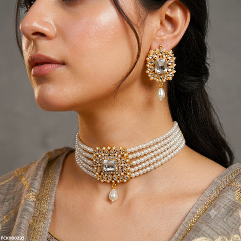 PCKH00293 MZM Square Stone Pearl Drop Choker Set - PCKH