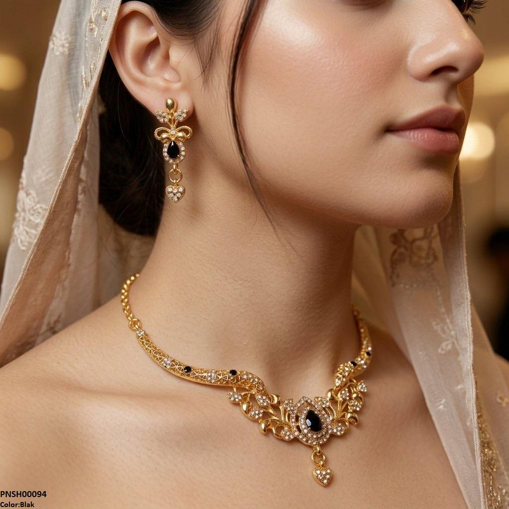 PNSH00094 SDQ Filligree Heart Drop Necklace Set - PNSH