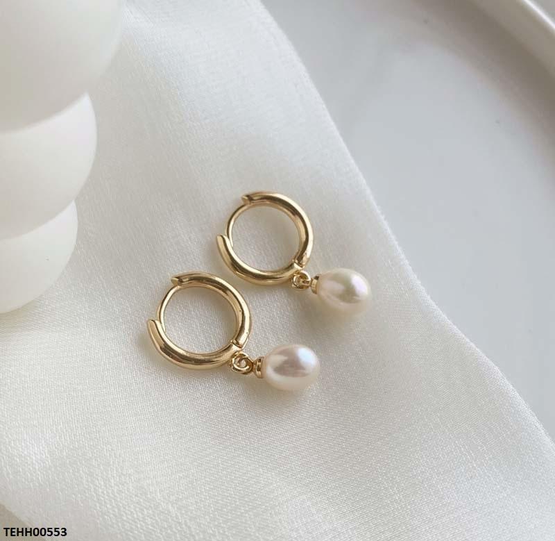 TEHH00553 QWN Stainless Steel Pearl Drop Hoops Pair - TEHH