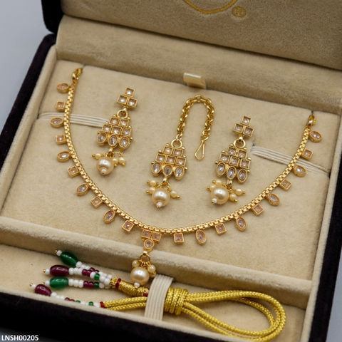 LNSH00205 ANI Square/Oval Pearl Drop South Indian Necklace Set - LNSH