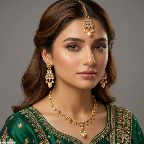 LNSH00205 ANI Square/Oval Pearl Drop South Indian Necklace Set - LNSH