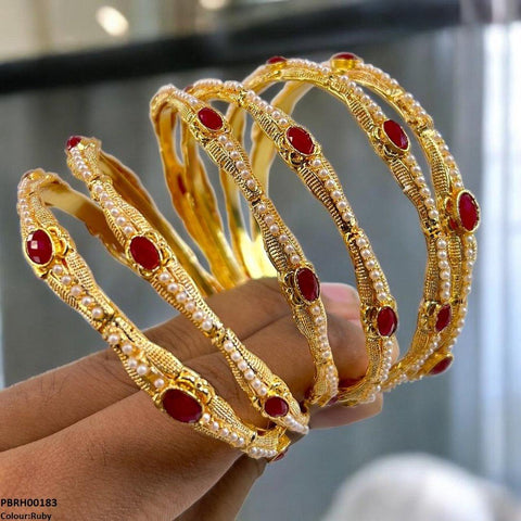 PBRH00183 MZM Oval/Pearl Bangles 6 Pcs Set - PBRH