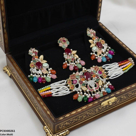 PCKH00261 SDQ Oval/Flower Pearl Drop Choker Set - PCKH