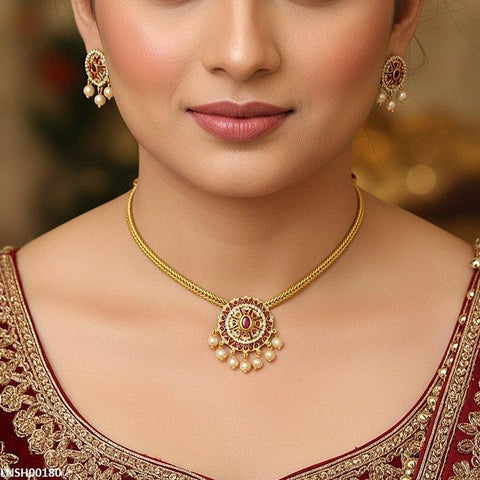 LNSH00180 ANI Oval Flower Pearl Drop Necklace Set - LNSH